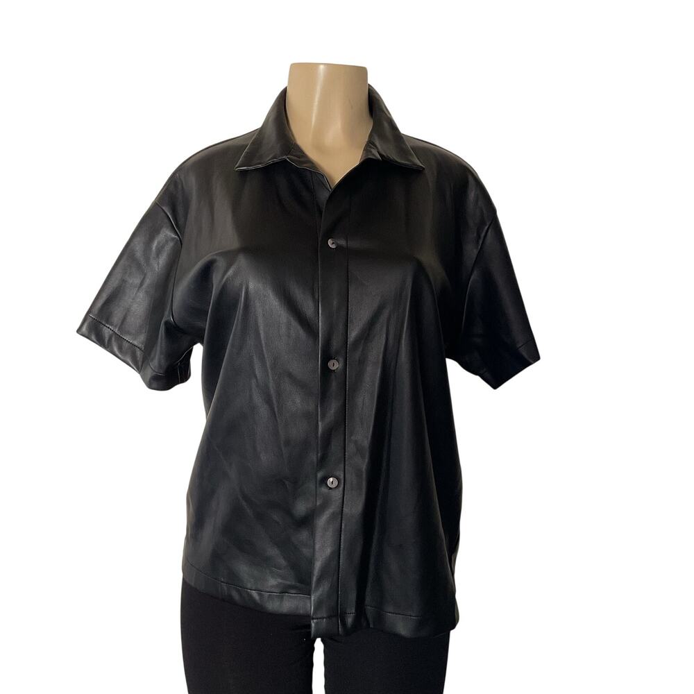 Olivaceous Women’s Black Faux Leather Short Sleeve Button Up Shirt Size S